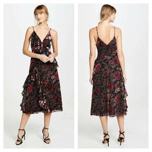 NWT Jill Stuart Dalia Velvet Black Pink Ruffle Midi Dress $385